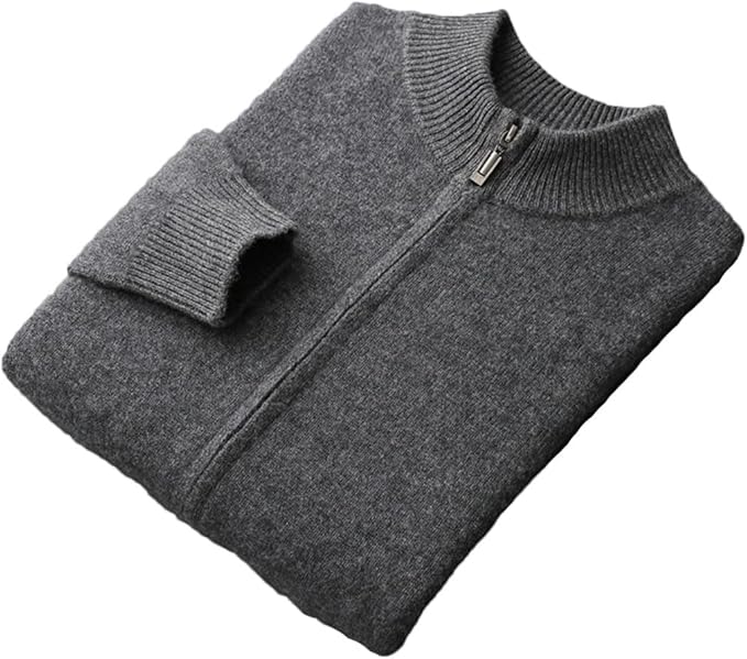 Men’s Cashmere Knit Zip Cardigan – High Neck Wool Jacket (GREY)