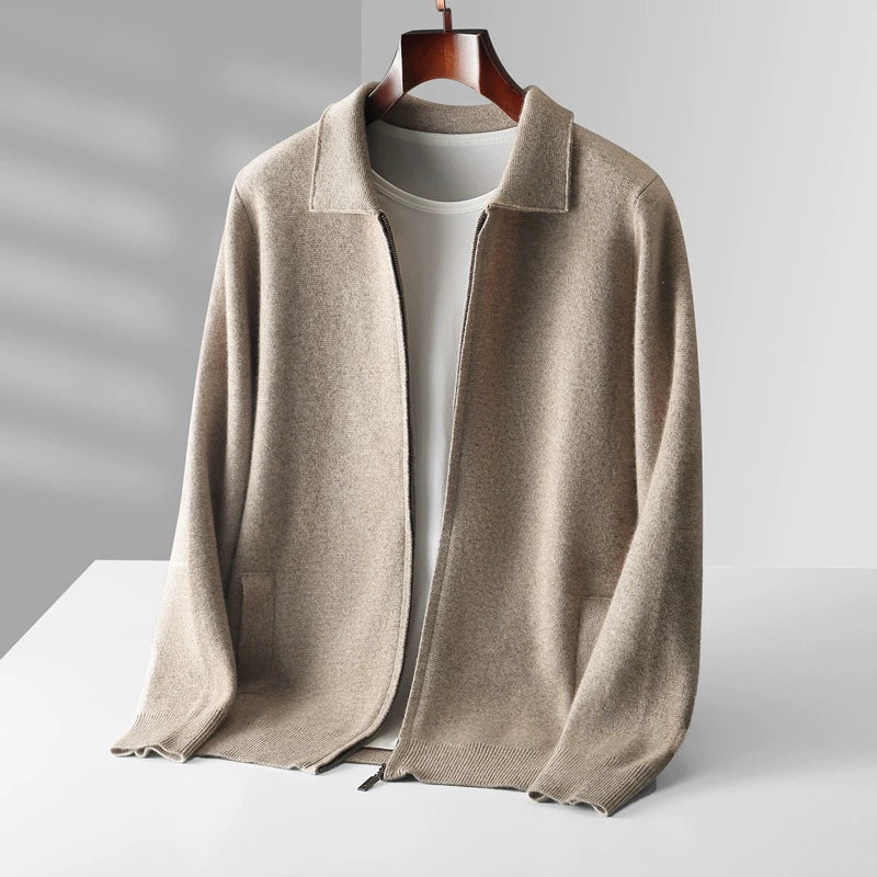 Men’s Wool Knit Zipper Cardigan – Long Sleeve Solid Sweater