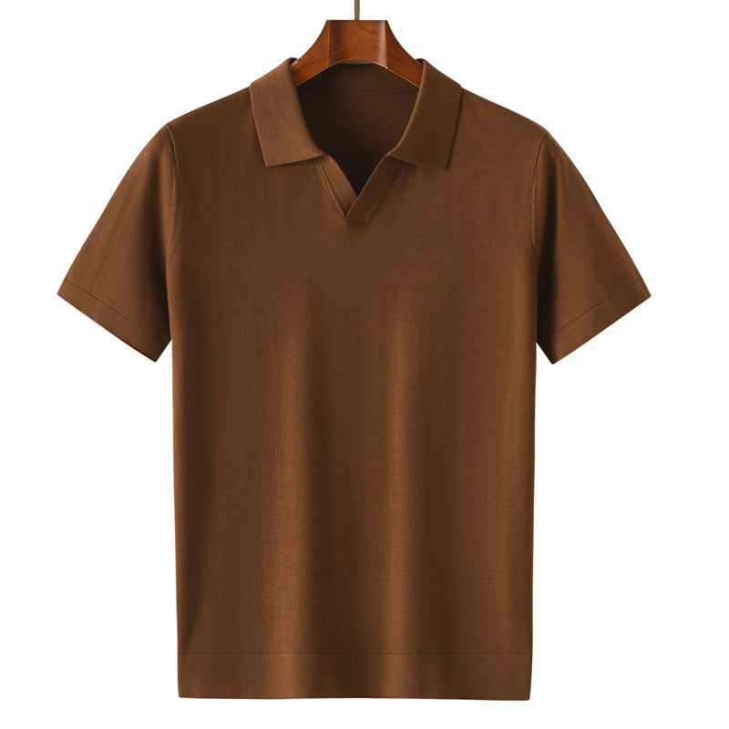 Men’s 100% Merino Wool Short-Sleeve Polo – Lightweight Knit Crewneck (BROWN)