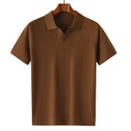 Men’s 100% Merino Wool Short-Sleeve Polo – Lightweight Knit Crewneck (BROWN)