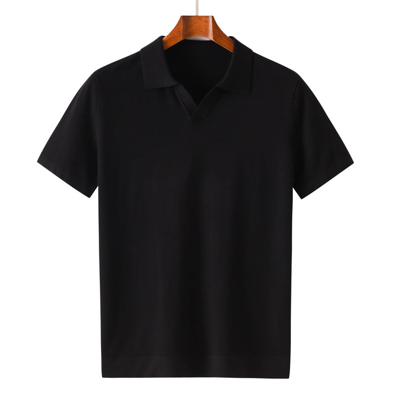Men’s 100% Merino Wool Short-Sleeve Polo – Lightweight Knit Crewneck (BLACK)