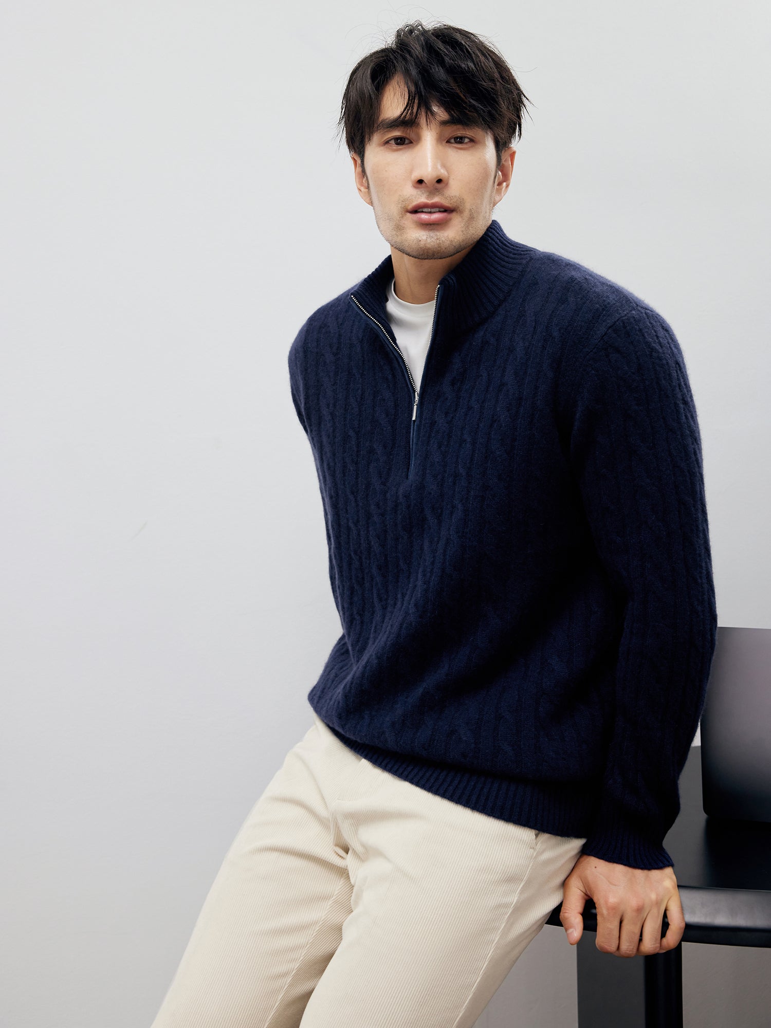 Men’s 1/4 Zip Stand Collar Cashmere Pullover – Soft Warm Wool Sweater (DARK BLUE)