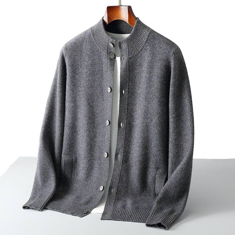 Men’s Half-High Collar Cashmere Wool Cardigan – Autumn/Winter Sweater Jacket (GREY)