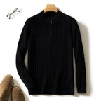 Men’s Cashmere Cable Knit Quarter-Zip Sweater – Thick Winter Knit (BLACK)