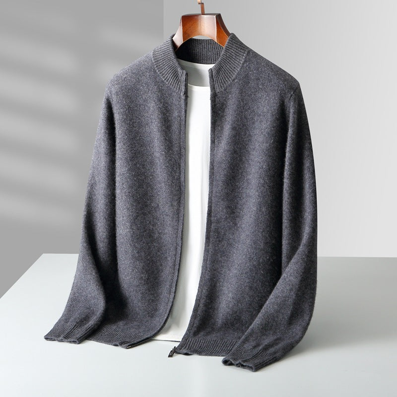 Men’s Cashmere Knit Zip Cardigan – High Neck Wool Jacket (GREY)