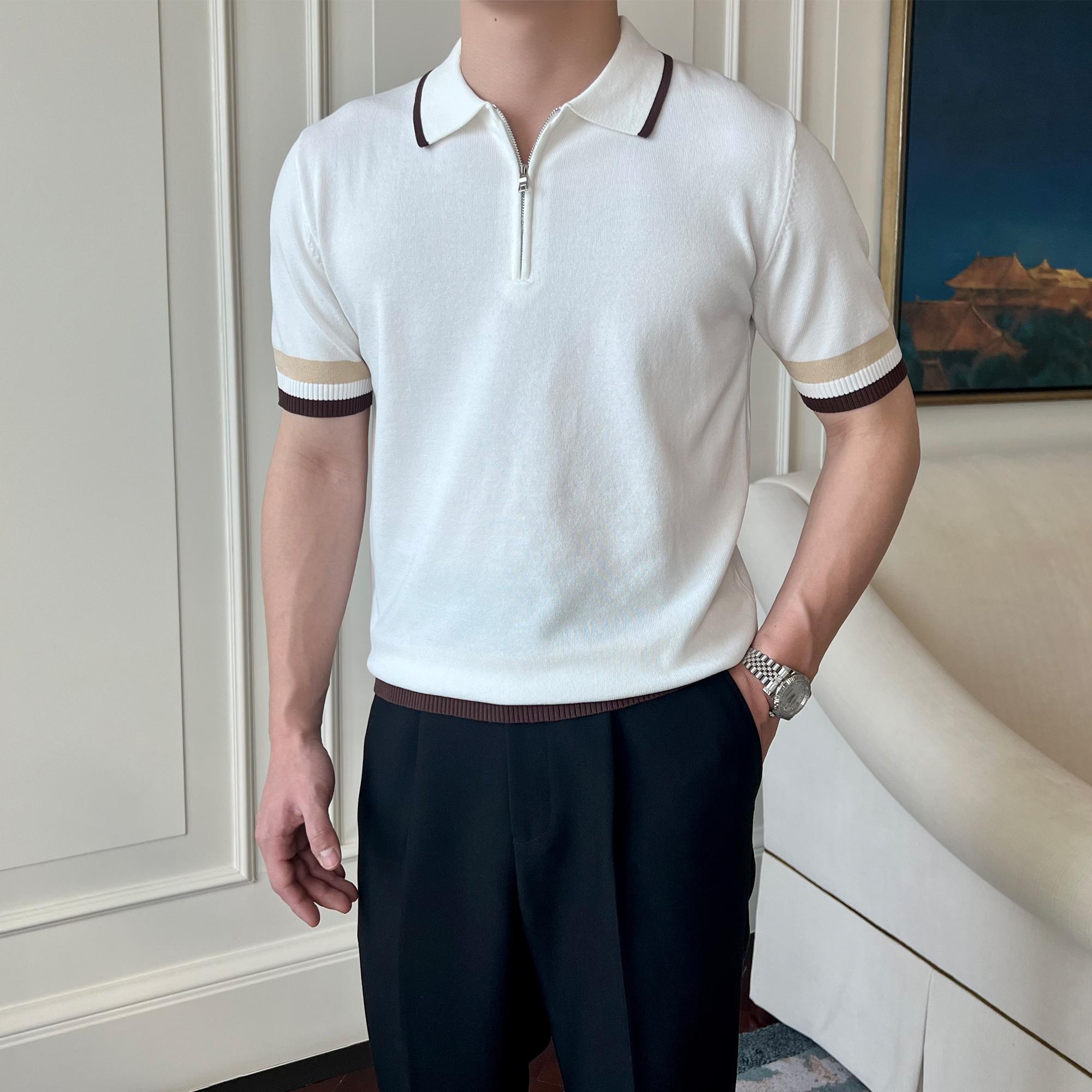 High-End Men’s Knitted Polo T-Shirt – Anti-Pilling Short Sleeve (WHITE)