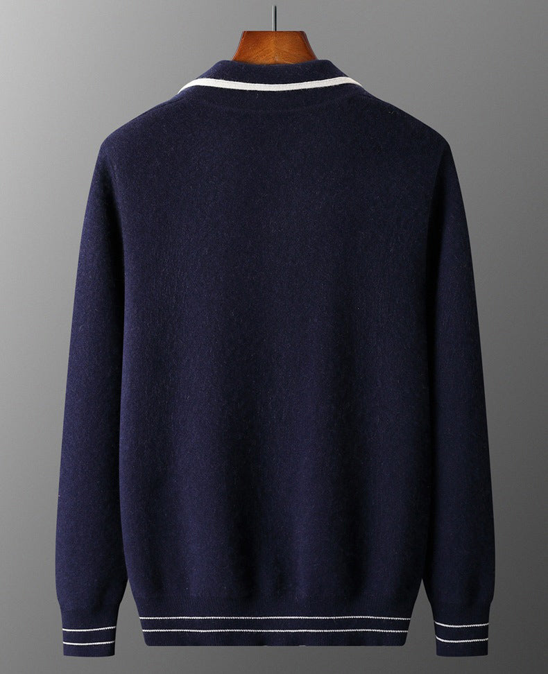 Men’s Cashmere Wool Colorblock Cardigan – Warm Soft Knit Jacket (DARK BLUE)