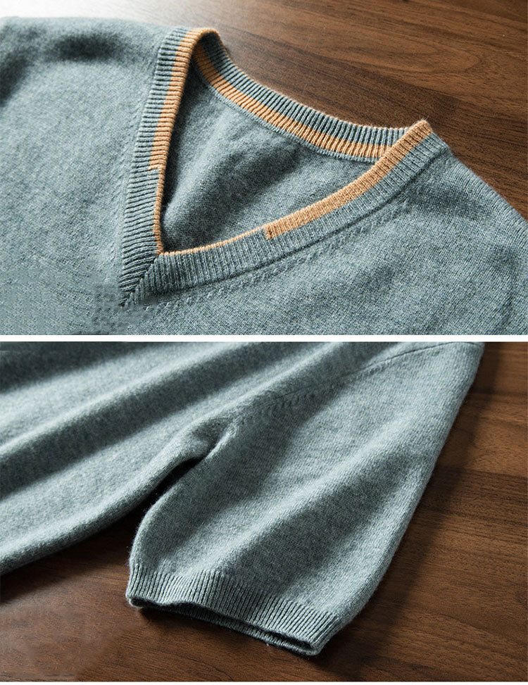 Men’s V-Neck Short-Sleeve Cashmere Sweater – Lightweight Knit Top