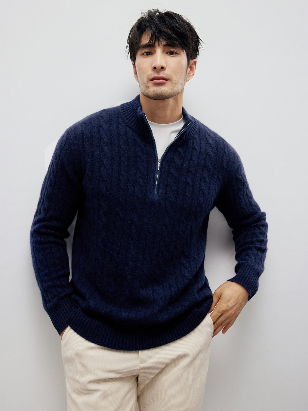 Men’s 1/4 Zip Stand Collar Cashmere Pullover – Soft Warm Wool Sweater (DARK BLUE)