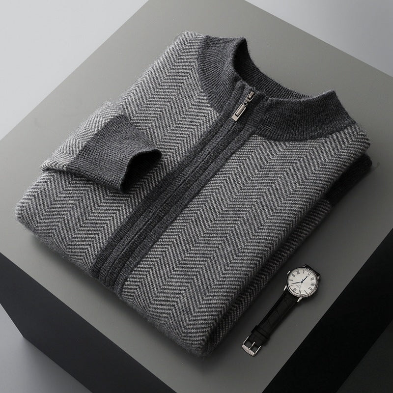 Men’s Wool Colorblock Zipper Cardigan – Soft Winter Knit Coat