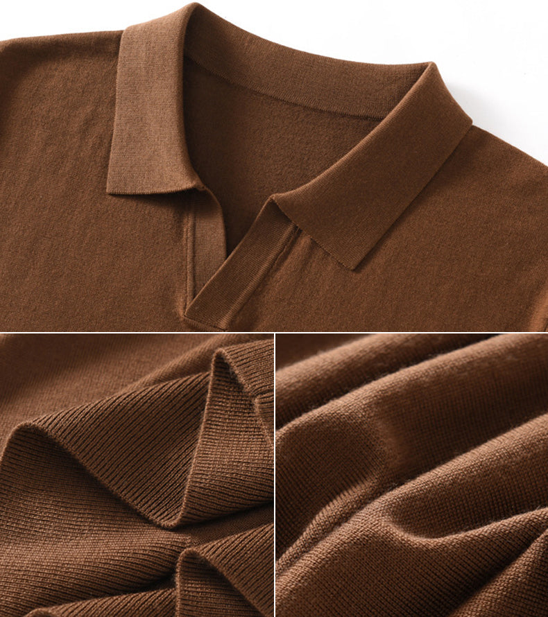 Men’s 100% Merino Wool Short-Sleeve Polo – Lightweight Knit Crewneck (BROWN)
