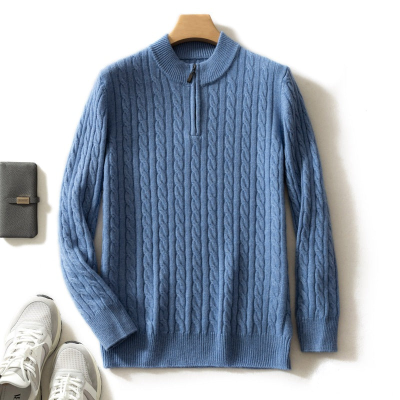 Men’s Cashmere Cable Knit Quarter-Zip Sweater – Thick Winter Knit (LIGHT BLUE)
