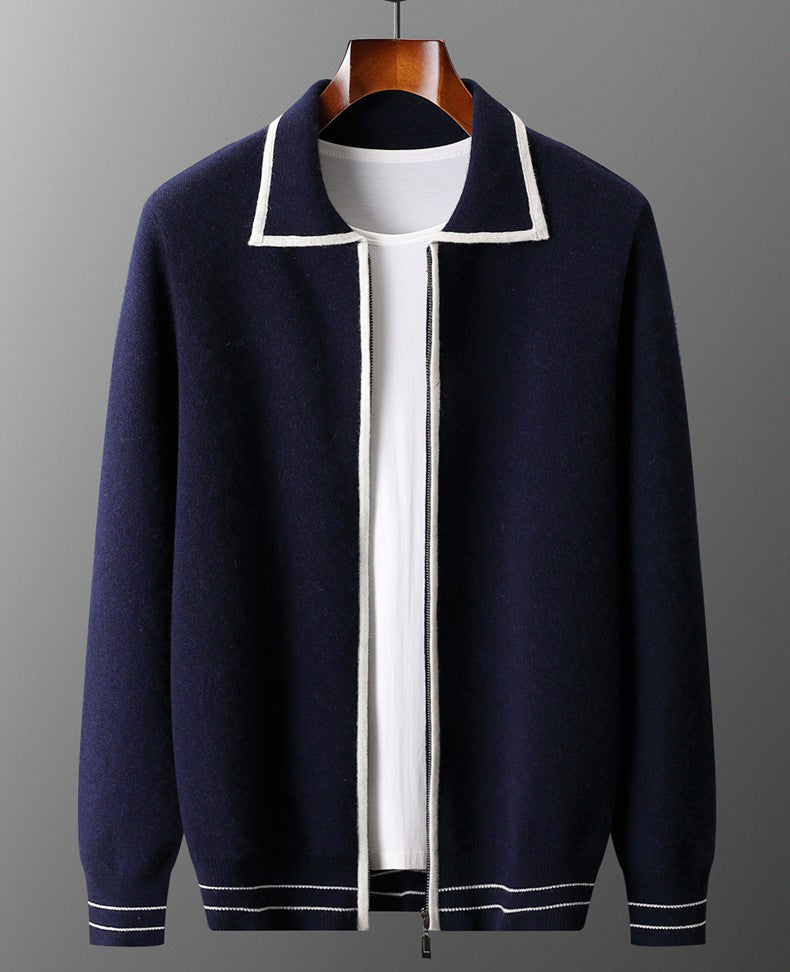 Men’s Cashmere Wool Colorblock Cardigan – Warm Soft Knit Jacket (DARK BLUE)