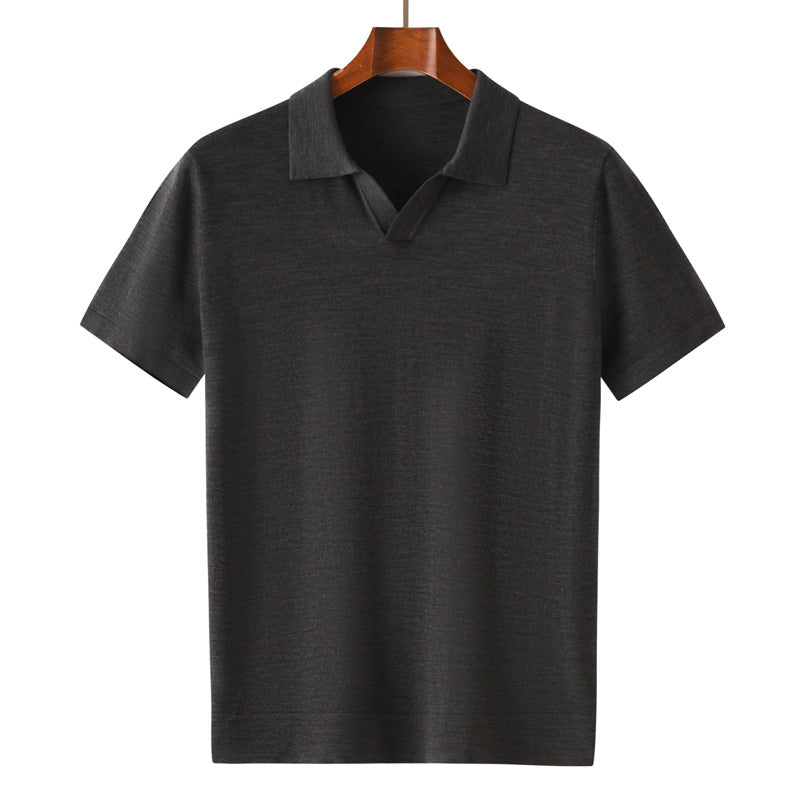 Men’s 100% Merino Wool Short-Sleeve Polo – Lightweight Knit Crewneck (GREY)
