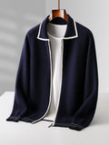 Men’s Cashmere Wool Colorblock Cardigan – Warm Soft Knit Jacket (DARK BLUE)