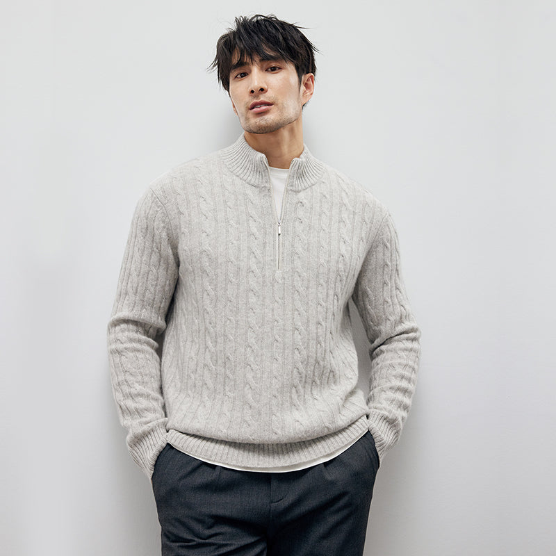 Men’s 1/4 Zip Stand Collar Cashmere Pullover – Soft Warm Wool Sweater