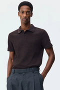 Men’s 100% Merino Wool Short-Sleeve Polo – Lightweight Knit Crewneck (BROWN)