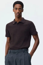 Men’s 100% Merino Wool Short-Sleeve Polo – Lightweight Knit Crewneck (BROWN)