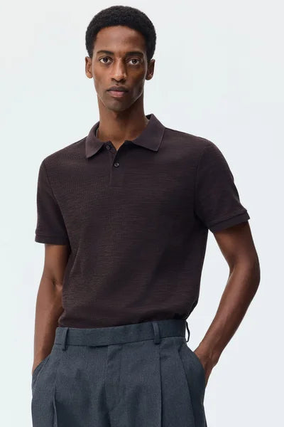 Men’s 100% Merino Wool Short-Sleeve Polo – Lightweight Knit Crewneck (BROWN)